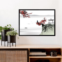 Obraz w ramie Chiński obraz w odcieniach szarości i czerwieni