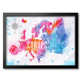Obraz w ramie Mapa Europy - różowo niebieska akwarela