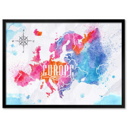 Plakat w ramie Mapa Europy - różowo niebieska akwarela