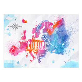 Plakat Mapa Europy - różowo niebieska akwarela
