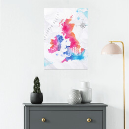 Plakat Mapa Wielkiej Brytanii - różowo niebieska akwarela