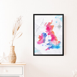 Obraz w ramie Mapa Wielkiej Brytanii - różowo niebieska akwarela