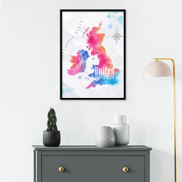 Plakat w ramie Mapa Wielkiej Brytanii - różowo niebieska akwarela