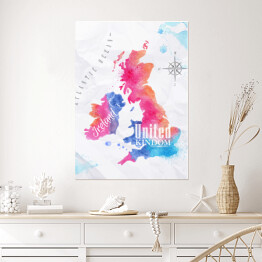 Plakat Mapa Wielkiej Brytanii - różowo niebieska akwarela