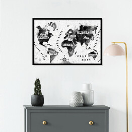 Plakat w ramie Mapa świata z atramentu na jasnym tle z podpisami