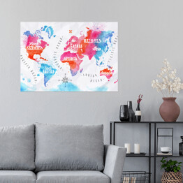 Plakat Mapa świata - niebiesko czerwona akwarela