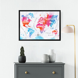 Obraz w ramie Mapa świata - niebiesko czerwona akwarela