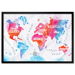Plakat w ramie Mapa świata - niebiesko czerwona akwarela