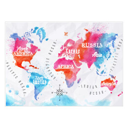 Plakat samoprzylepny Mapa świata - niebiesko czerwona akwarela