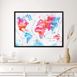 Obraz w ramie Mapa świata - niebiesko czerwona akwarela