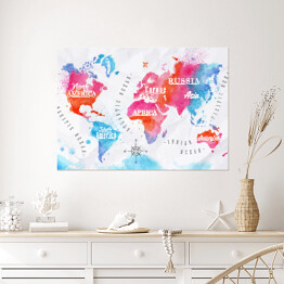 Plakat samoprzylepny Mapa świata - niebiesko czerwona akwarela