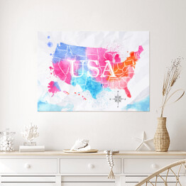 Plakat samoprzylepny Mapa Stanów Zjednoczonych - różowo niebieska akwarela