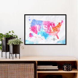 Plakat w ramie Mapa Stanów Zjednoczonych - różowo niebieska akwarela