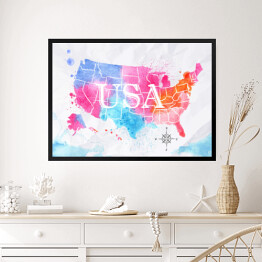 Obraz w ramie Mapa Stanów Zjednoczonych - różowo niebieska akwarela