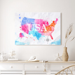 Obraz na płótnie Mapa Stanów Zjednoczonych - różowo niebieska akwarela