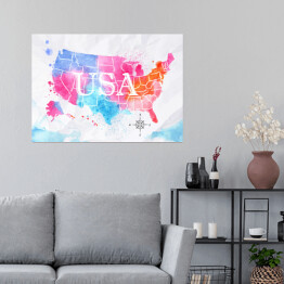 Plakat samoprzylepny Mapa Stanów Zjednoczonych - różowo niebieska akwarela