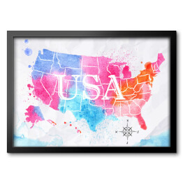 Obraz w ramie Mapa Stanów Zjednoczonych - różowo niebieska akwarela