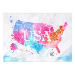 Plakat Mapa Stanów Zjednoczonych - różowo niebieska akwarela
