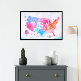 Plakat w ramie Mapa Stanów Zjednoczonych - różowo niebieska akwarela