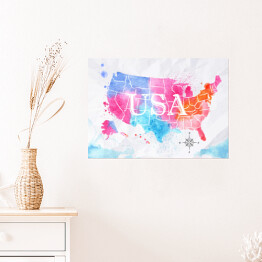 Plakat Mapa Stanów Zjednoczonych - różowo niebieska akwarela