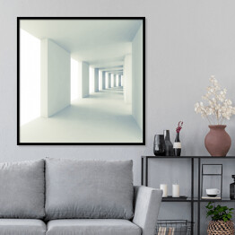 Plakat w ramie Pusty biały korytarz z szerokimi kolumnami - 3D