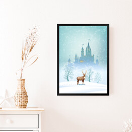 Obraz w ramie Krajobraz Bożego Narodzenia - jeleń na tle zimowego bajkowego zamku