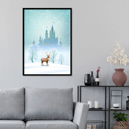 Plakat w ramie Krajobraz Bożego Narodzenia - jeleń na tle zimowego bajkowego zamku