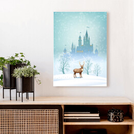 Obraz na płótnie Krajobraz Bożego Narodzenia - jeleń na tle zimowego bajkowego zamku