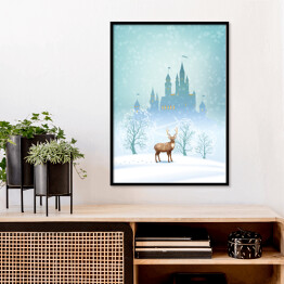 Plakat w ramie Krajobraz Bożego Narodzenia - jeleń na tle zimowego bajkowego zamku