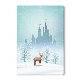  Krajobraz Bożego Narodzenia - jeleń na tle zimowego bajkowego zamku