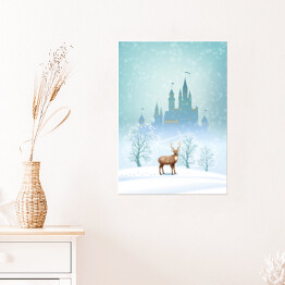 Plakat Krajobraz Bożego Narodzenia - jeleń na tle zimowego bajkowego zamku