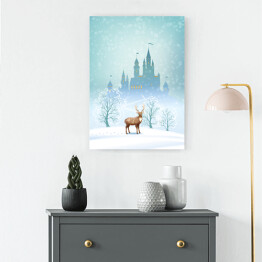 Obraz na płótnie Krajobraz Bożego Narodzenia - jeleń na tle zimowego bajkowego zamku
