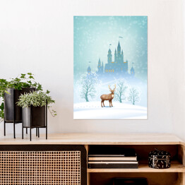 Plakat samoprzylepny Krajobraz Bożego Narodzenia - jeleń na tle zimowego bajkowego zamku