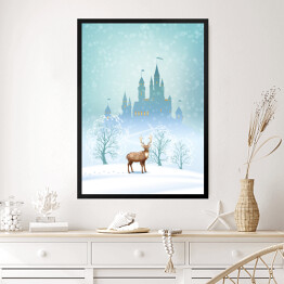 Obraz w ramie Krajobraz Bożego Narodzenia - jeleń na tle zimowego bajkowego zamku