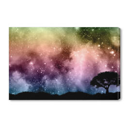 Obraz na płótnie Sylwetki drzew na tle tęczowego nieba pełnego gwiazd