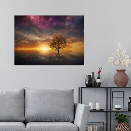 Plakat Drzewo na tle zachodzącego słońca i fioletowego nieba