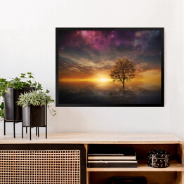 Obraz w ramie Drzewo na tle zachodzącego słońca i fioletowego nieba