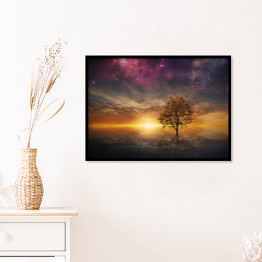 Plakat w ramie Drzewo na tle zachodzącego słońca i fioletowego nieba