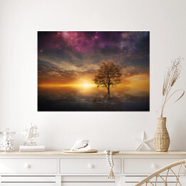 Plakat Drzewo na tle zachodzącego słońca i fioletowego nieba