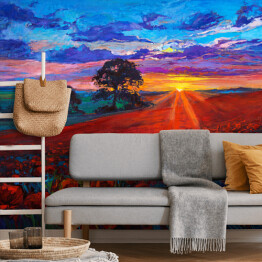 Fototapeta winylowa zmywalna Pole maków ze słońcem znikającym za horyzontem