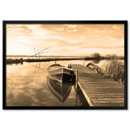 Plakat w ramie Pomost i łódka na jeziorze