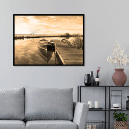 Plakat w ramie Pomost i łódka na jeziorze