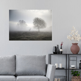 Plakat samoprzylepny Jeleń na polanie w gęstej mgle