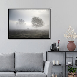 Plakat w ramie Jeleń na polanie w gęstej mgle