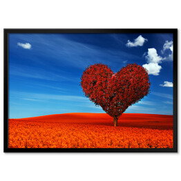Plakat w ramie Drzewo w kształcie serca na łące w ognistym kolorze