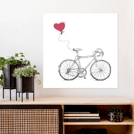 Plakat samoprzylepny Szkic roweru z balonem w kształcie czerwonego serca
