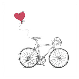 Plakat samoprzylepny Szkic roweru z balonem w kształcie czerwonego serca