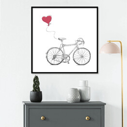 Plakat w ramie Szkic roweru z balonem w kształcie czerwonego serca