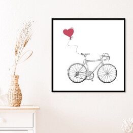 Plakat w ramie Szkic roweru z balonem w kształcie czerwonego serca