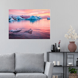 Plakat samoprzylepny Islandia, Jezioro Jökulsárlón o zachodzie słońca